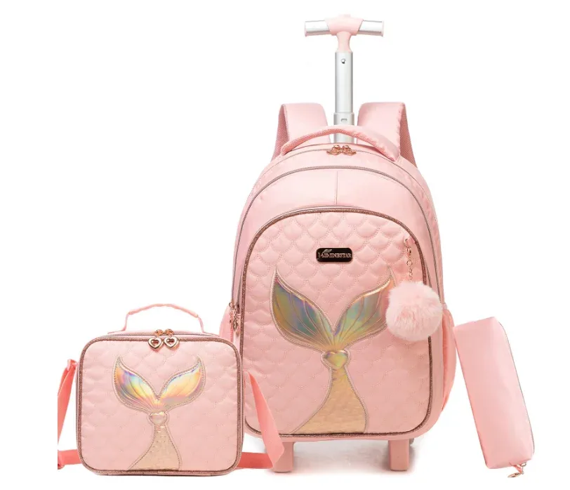 ensemble de sacs à dos à roulettes pour filles, chariot de voyage de 16 pouces, sac à dos à roulettes, sac à déjeuner, sac à stylos, sacs à roulettes d'école 3 en 1