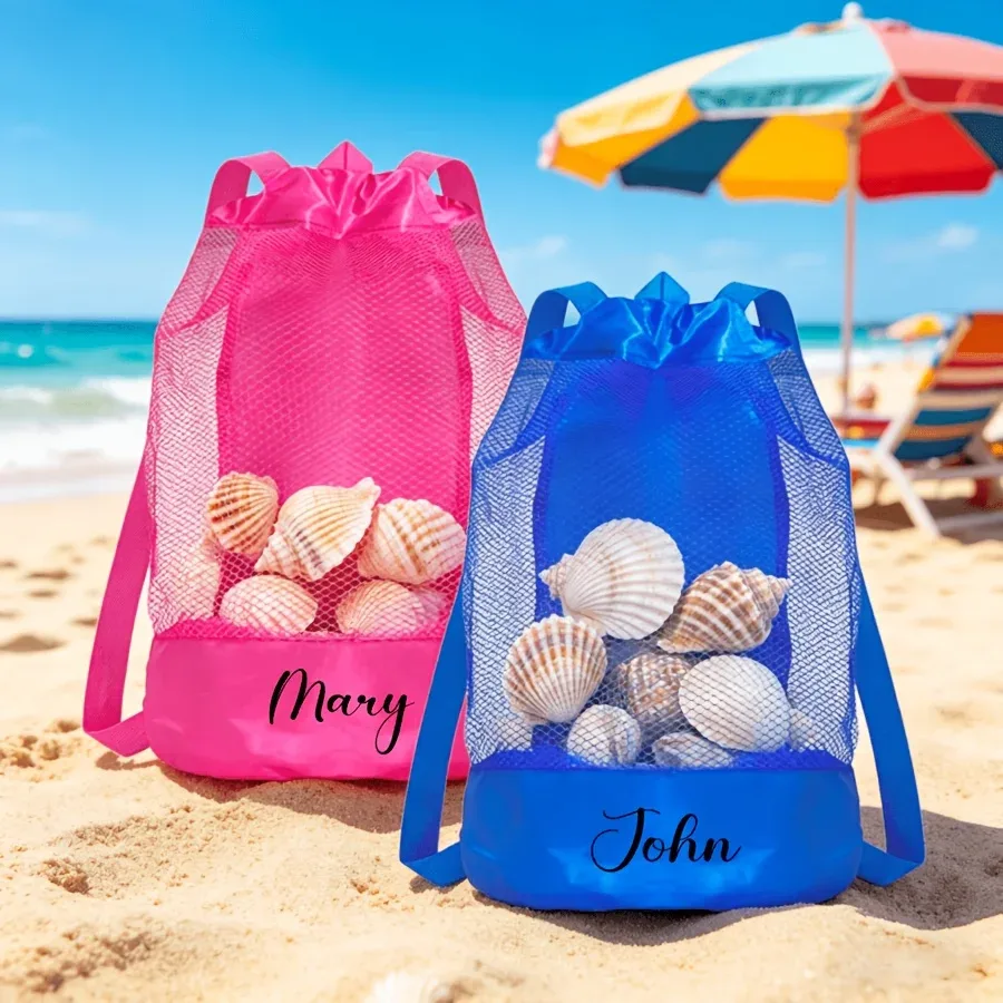 1 sac de sport personnalisable avec cordon de serrage et nom, sac de rangement pour la plage, poches en filet de grande capacité, sac à dos de voyage multifonctionnel