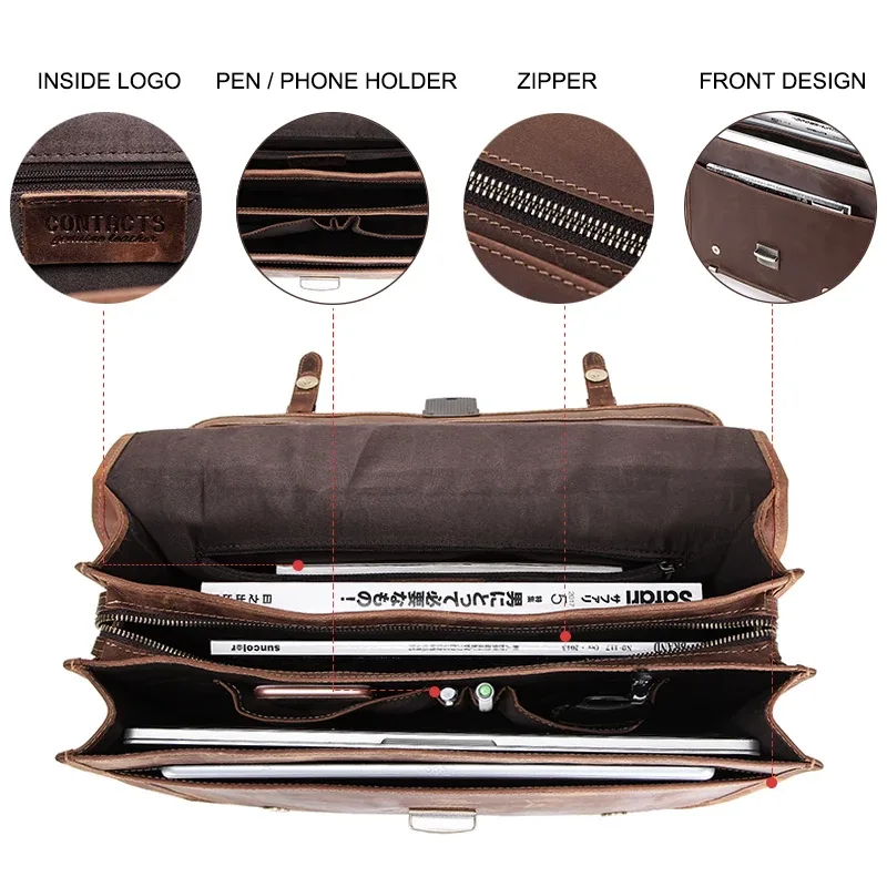 contact's-sac d'affaires en cuir pour ordinateur portable 14 pouces, sacoche de bonne qualité pour hommes