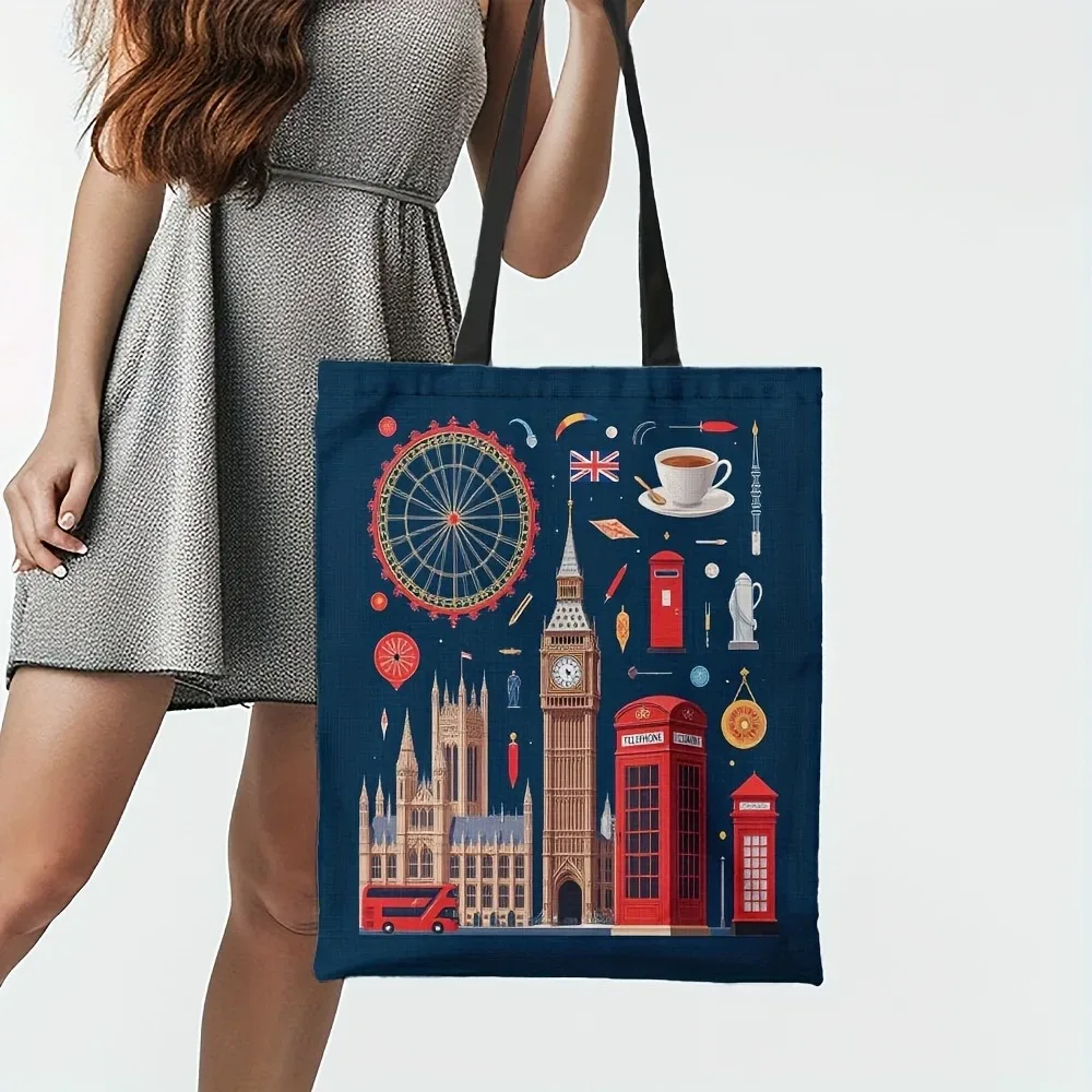 sac fourre-tout d'épicerie réutilisable pour femmes, design sur le thème de londres, big ben, cabines téléphoniques rouges, union jack, sac de courses en polyester de grande capacité