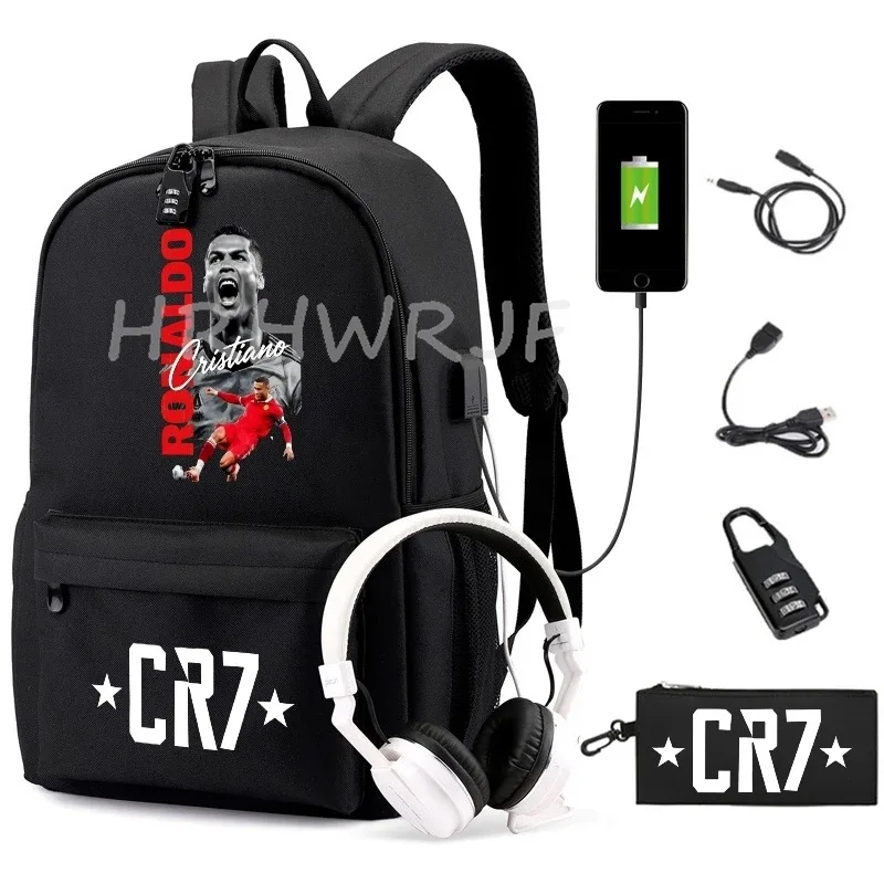 sac à dos usb cr7 pour femmes et hommes, sac à dos de voyage décontracté anti-vol, sacs d'école pour adolescents avec capacité pour ordinateur portable, avec trousse à crayons, 2 pièces