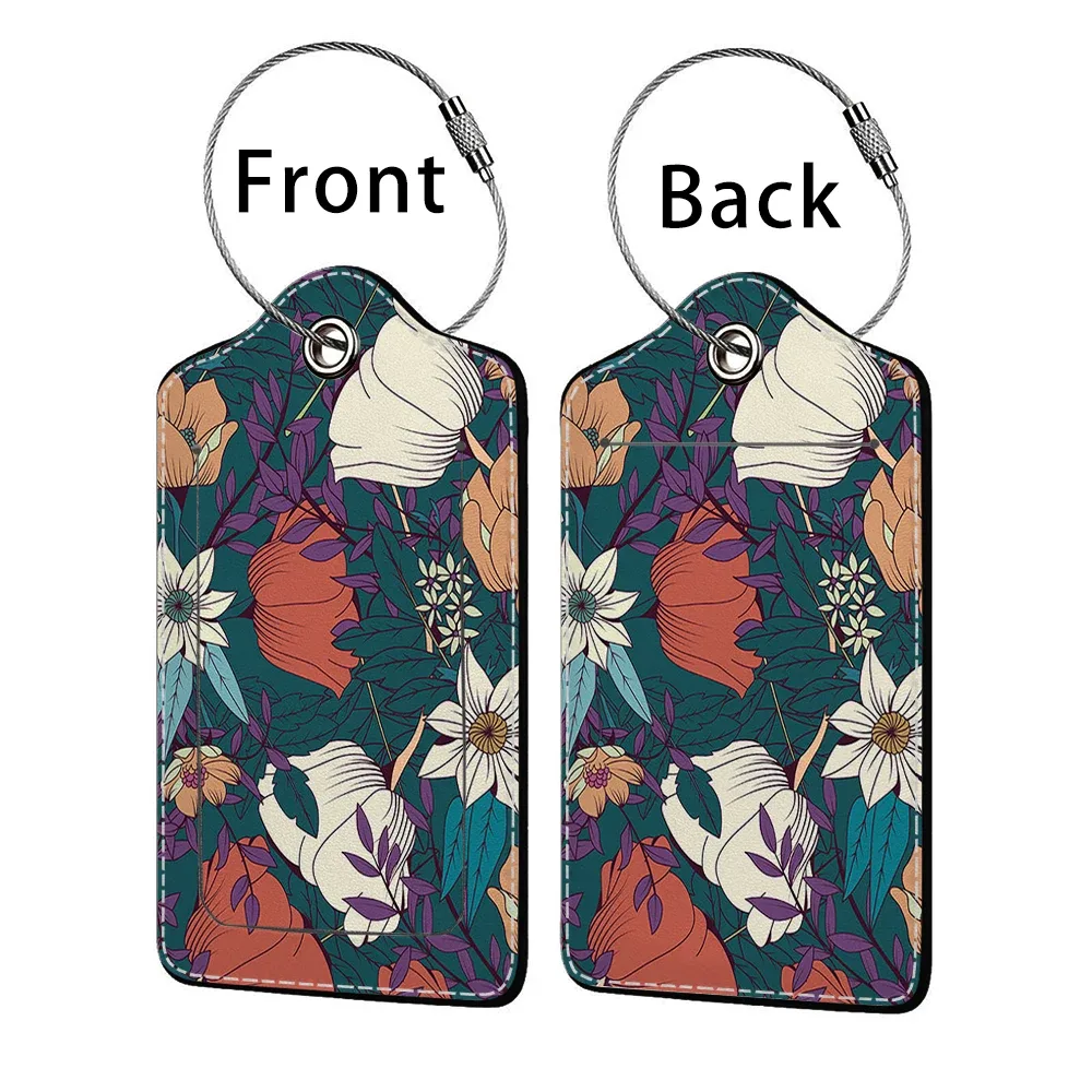 étiquette de bagage d'affaires en cuir imprimé de belles fleurs, étiquette d'adresse de valise, étui d'embarquement de bagages, clip d'adresse d'identification de nom