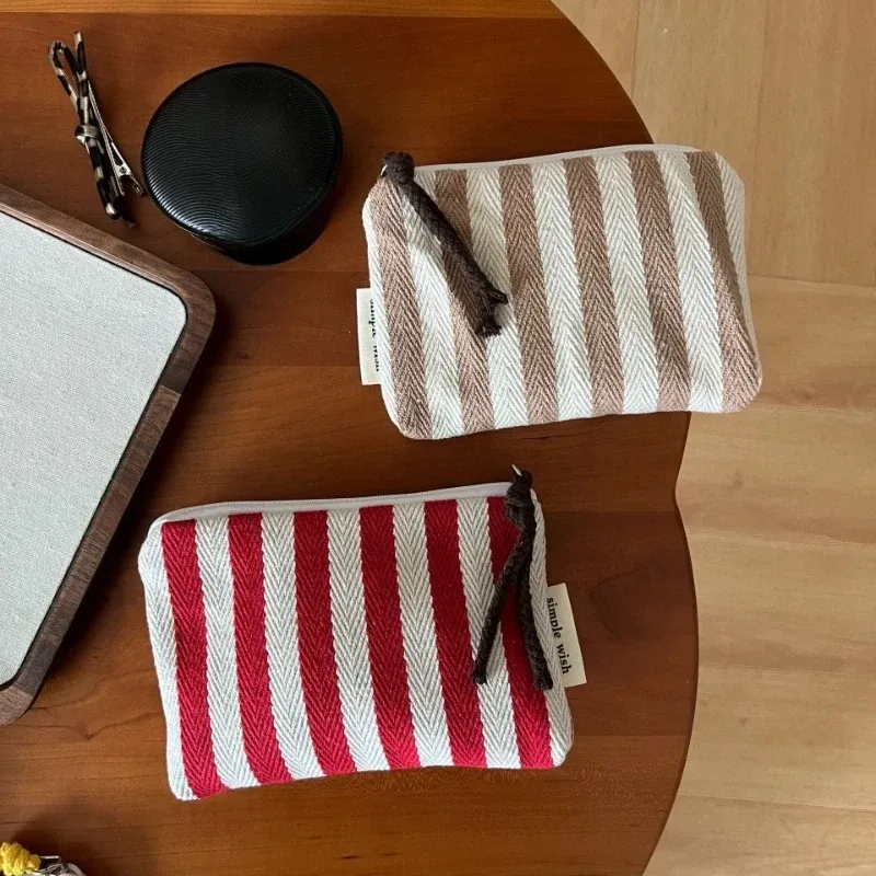 petite trousse de maquillage, mini sacs organisateurs en toile rayée pour femmes, étui à rouge à lèvres, trousse de maquillage, porte-monnaie mignon pour enfants
