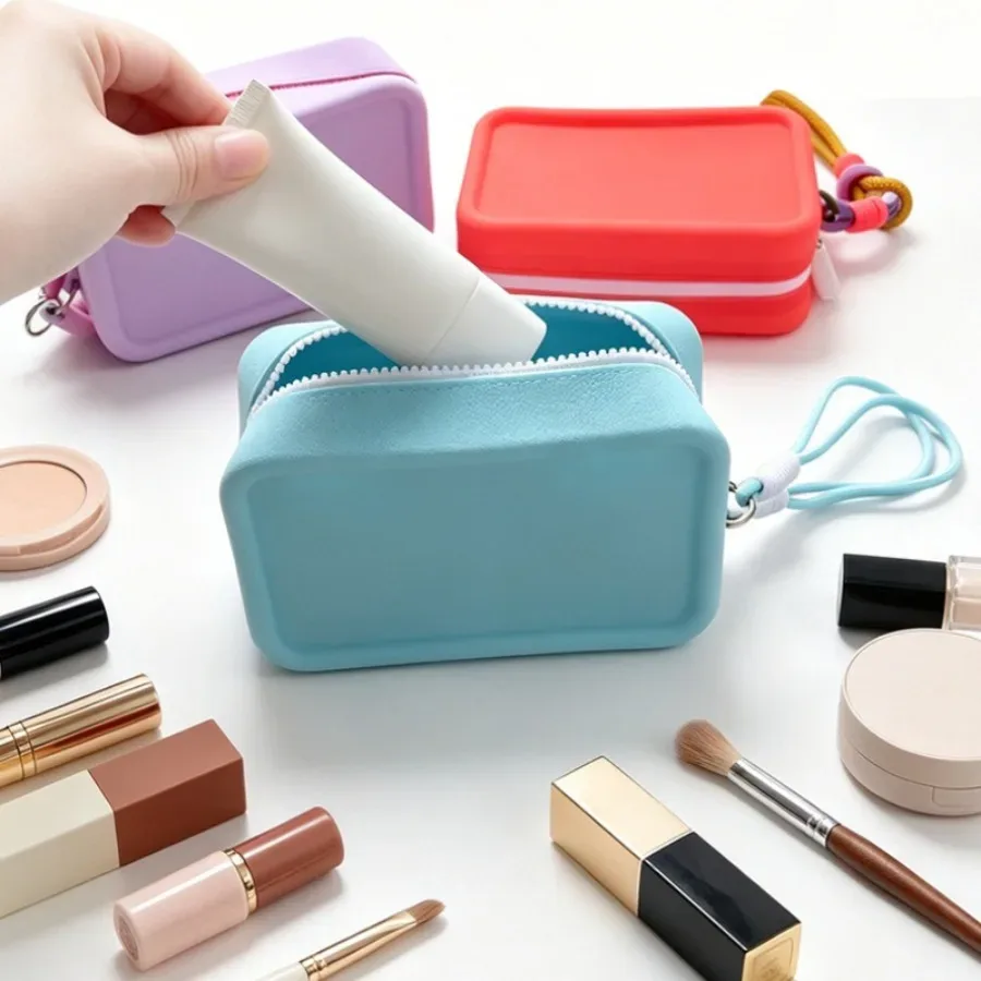 sac de rangement en silicone pour cosmétiques avec cordon de poignet tressé, sacs à cosmétiques portables avec cordon, sacs à cosmétiques étanches à fermeture éclair, sac à rouge à lèvres