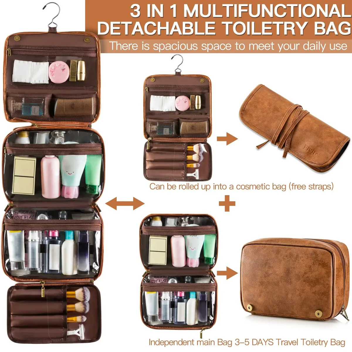 trousse de maquillage de voyage pour femmes, grande capacité, organisateur de cosmétiques portable, sacs de toilette, porte-brosse sur pied vertical