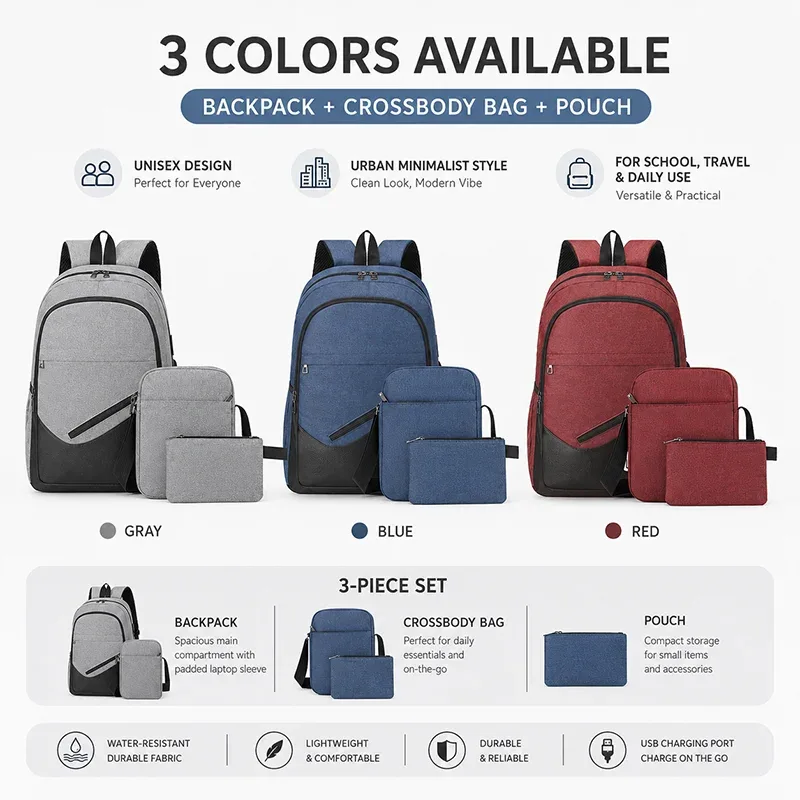 Sac à dos léger en Nylon pour ordinateur portable, 3 pièces, résistant à l'eau, chargeur USB, unisexe, grande capacité, sac à bandoulière pour l'école et les voyages