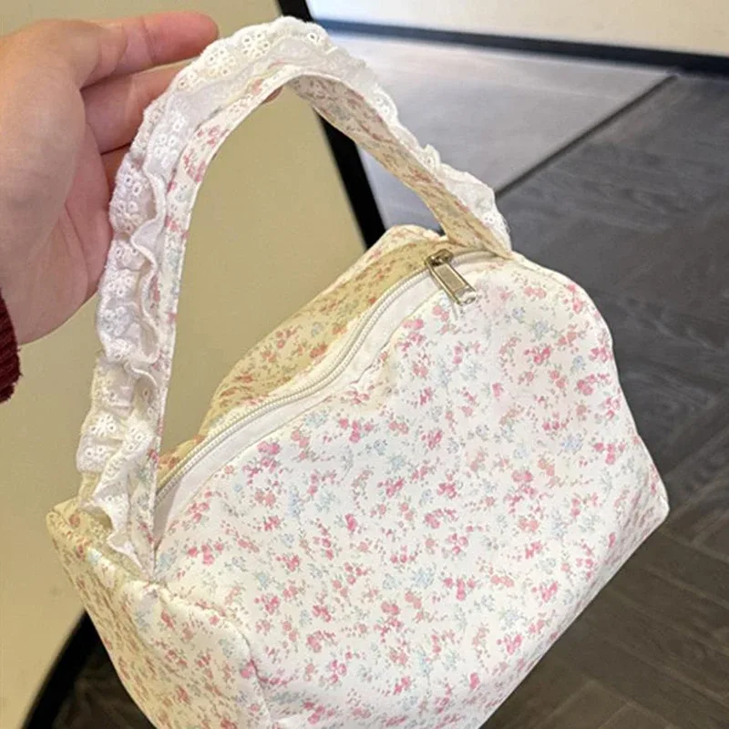 sac de maquillage portable à imprimé floral mignon, petit format, grande capacité, sac de toilette de voyage