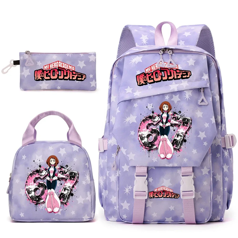 ensemble de sac à dos scolaire imprimé my hero academia ochaco uraraka 67 pour filles, sac à déjeuner, trousse à crayons, sac à dos décontracté