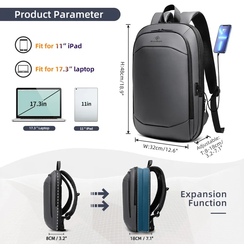 hk business sac à dos pour hommes 17 pouces sac à dos pour ordinateur portable avec port usb mince extensible étanche sac de voyage grand sac d'ordinateur de travail
