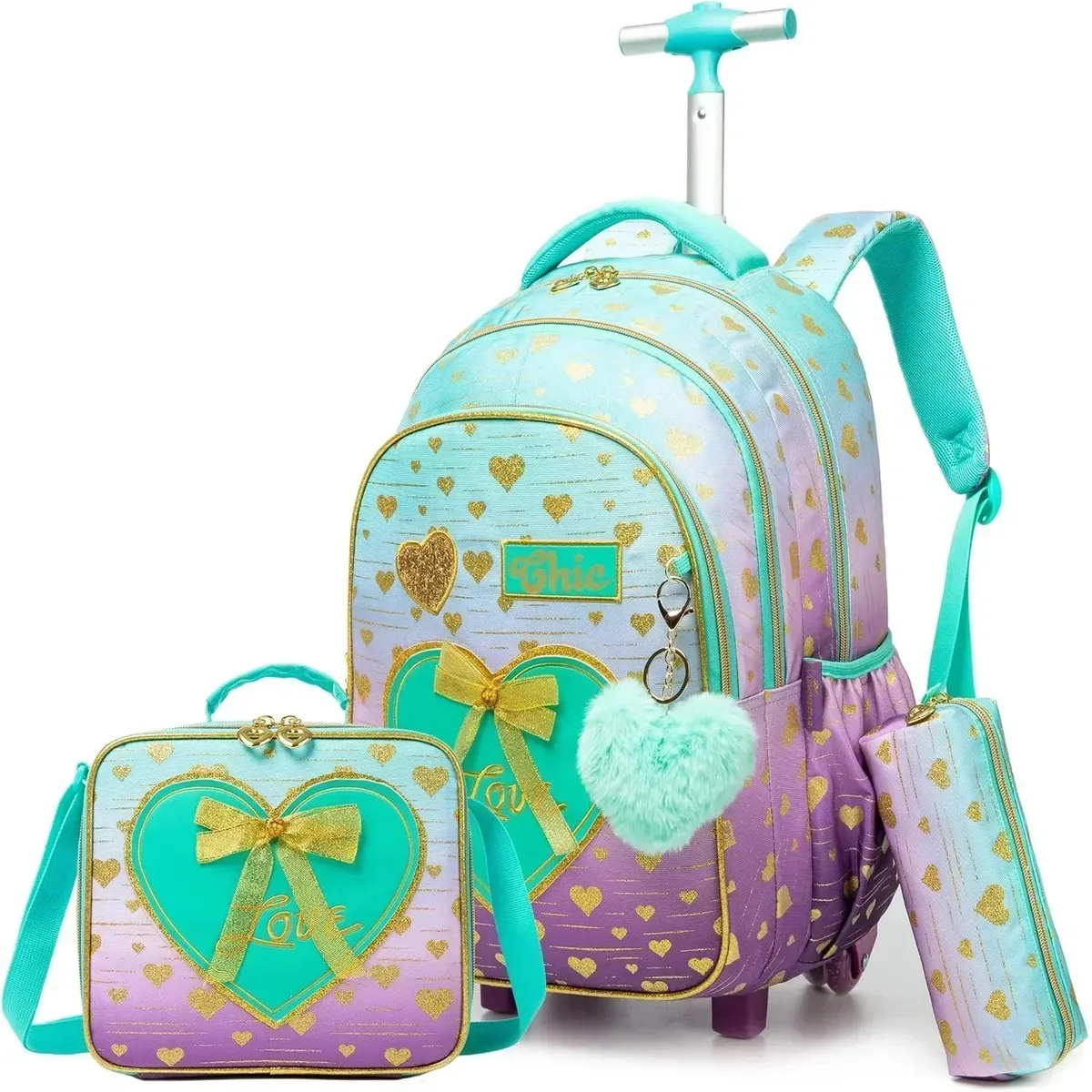 sacs d'école à roulettes pour filles, 3 pièces, sac à dos étanche pour enfants avec roulettes, chariot d'école primaire, sac de livre à bagages