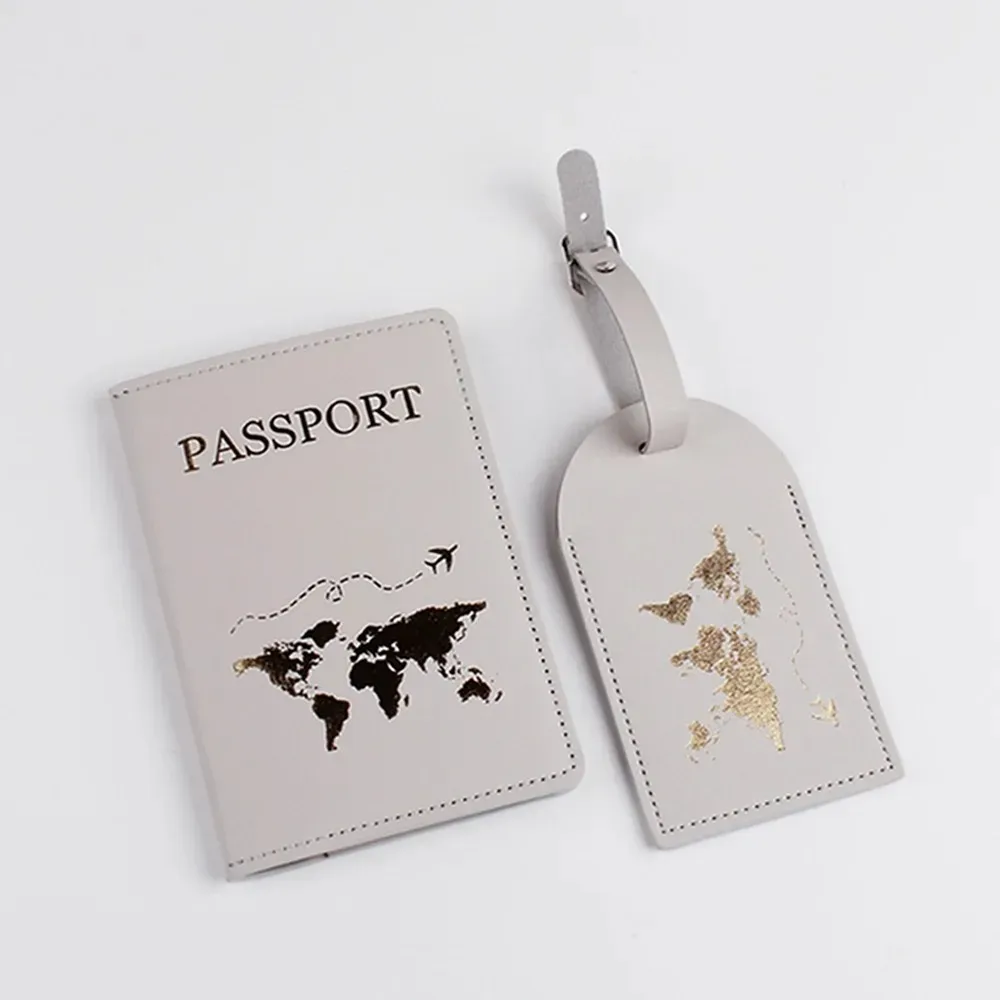2 pièces/ensemble couverture de passeport étiquette de valise de bagage avec nom carte d'identité anti-perte portefeuille en cuir pu accessoires de voyage pour les couples de vol