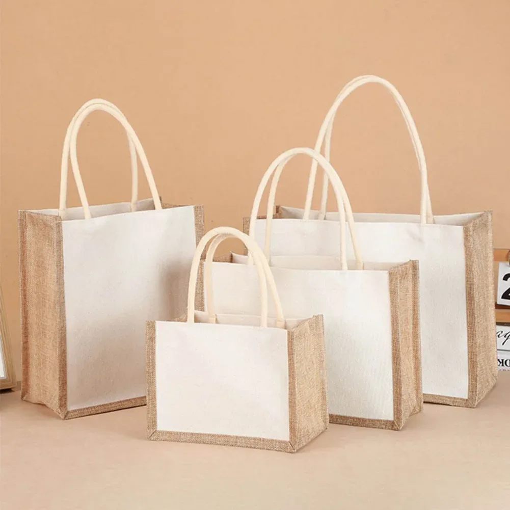 Sac fourre-tout en toile de jute grande capacité pour femme, simple et décontracté, pour courses et voyages, réutilisable