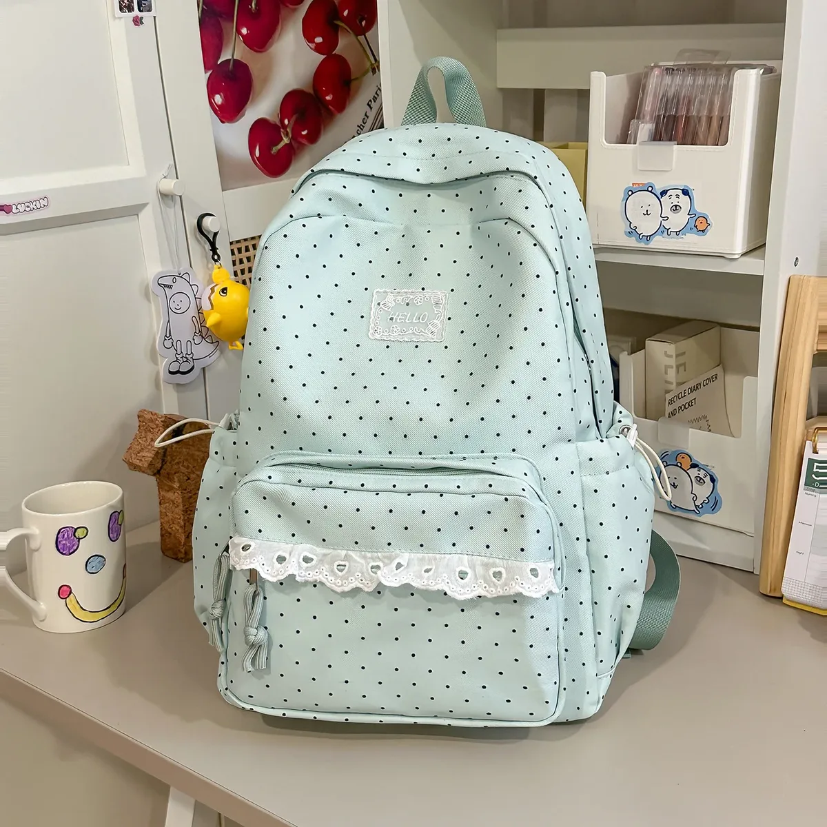 sac à dos en nylon style preppy avec dentelle à pois, sac de voyage léger et décontracté pour étudiante, idéal pour les trajets quotidiens