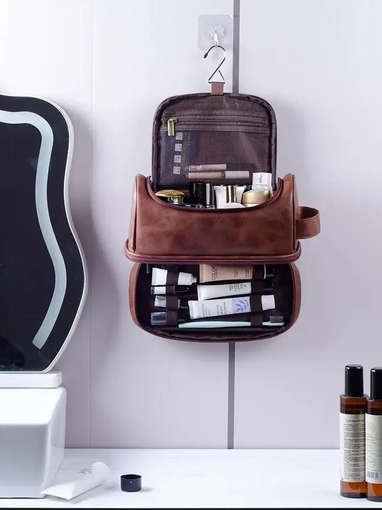 trousse de toilette, trousse de voyage en cuir pour homme avec crochet de suspension, grande trousse de toilette imperméable pour la salle de bain et le rasage