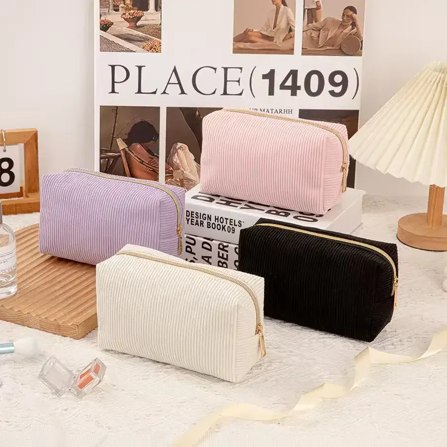 Nouveau sac à cosmétiques Simple en velours côtelé pour fille, sac de toilette Portable de grande capacité, sac de rangement de voyage d'affaires