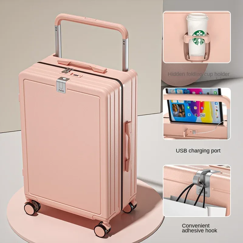 valise multifonctionnelle à roulettes avec poignée large, fermeture éclair, porte-gobelet, port usb, 20 pouces, bagage à main pour voyage