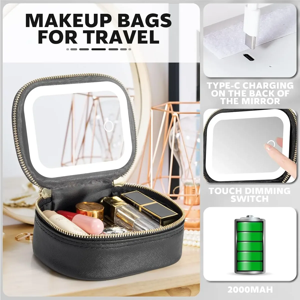 mini trousse de maquillage avec miroir led, petite trousse de toilette de voyage, 3 lumières à luminosité réglable pour femmes, trousse de toilette portable pour le train