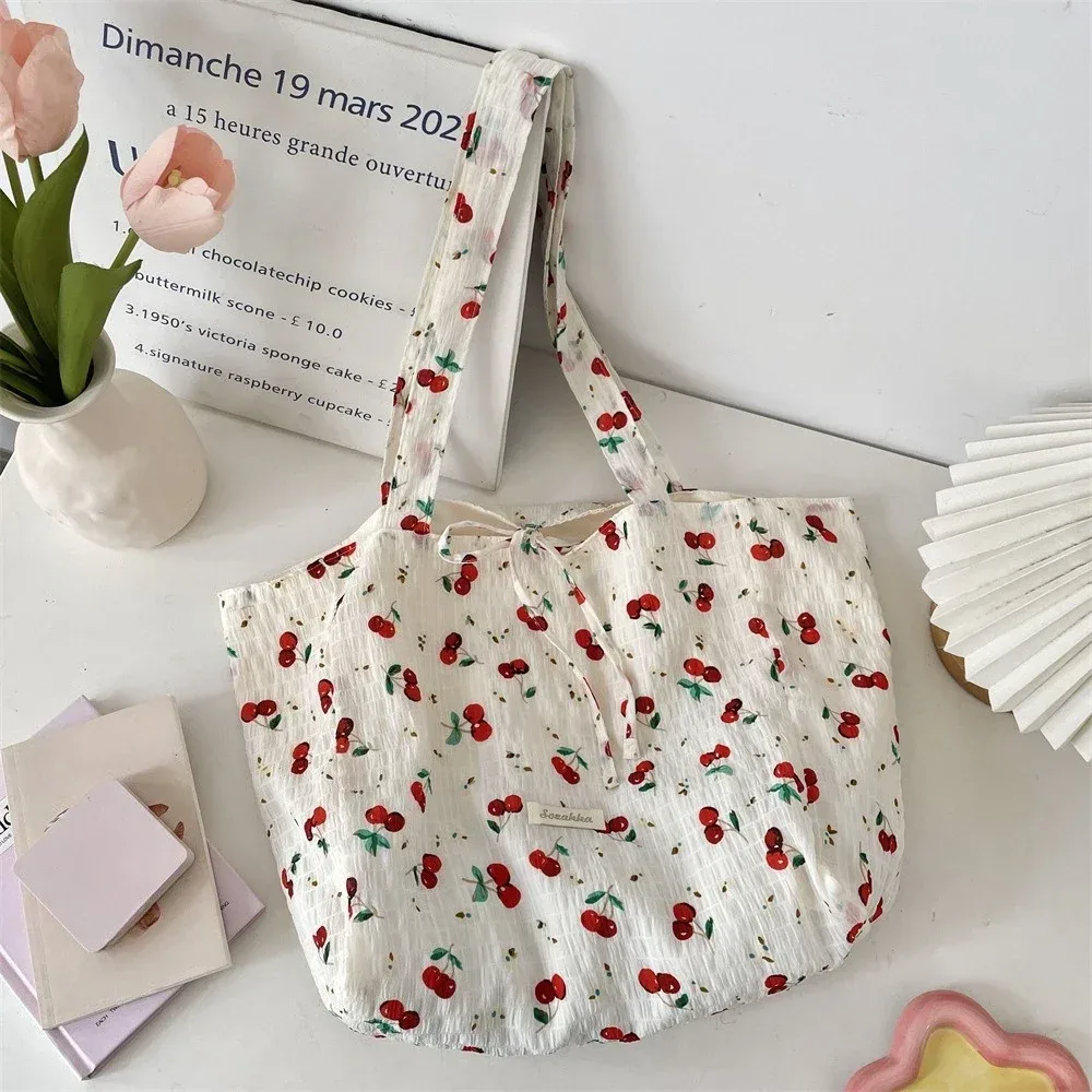 sac de shopping polyvalent pour femmes, sac à bandoulière simple en mousseline de soie imprimé floral frais et doux, fourre-tout de grande capacité pour classe d'étudiant