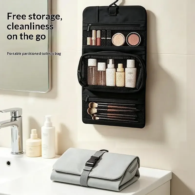 trousse de toilette pliable et détachable, grande capacité avec crochet, sac de rangement pour articles de toilette pour hommes en voyage d'affaires, sac de voyage pour cosmétiques pour femmes