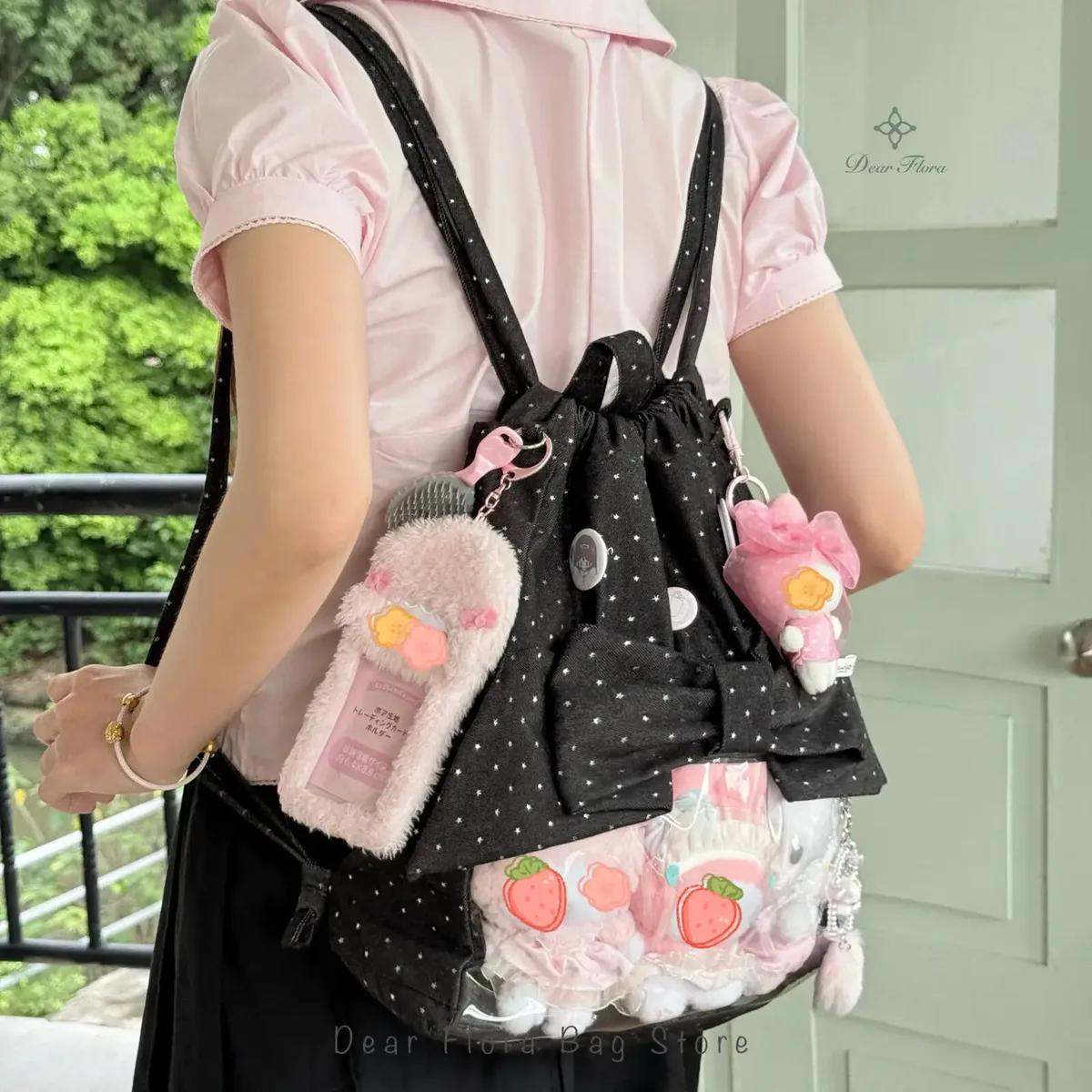nouveau sac à dos ita y2k avec nœud de ballet et cordon de serrage, sac à dos transparent pour fille mignon, grande capacité, sac à bandoulière à pois étoilés pour présentation de poupées diy