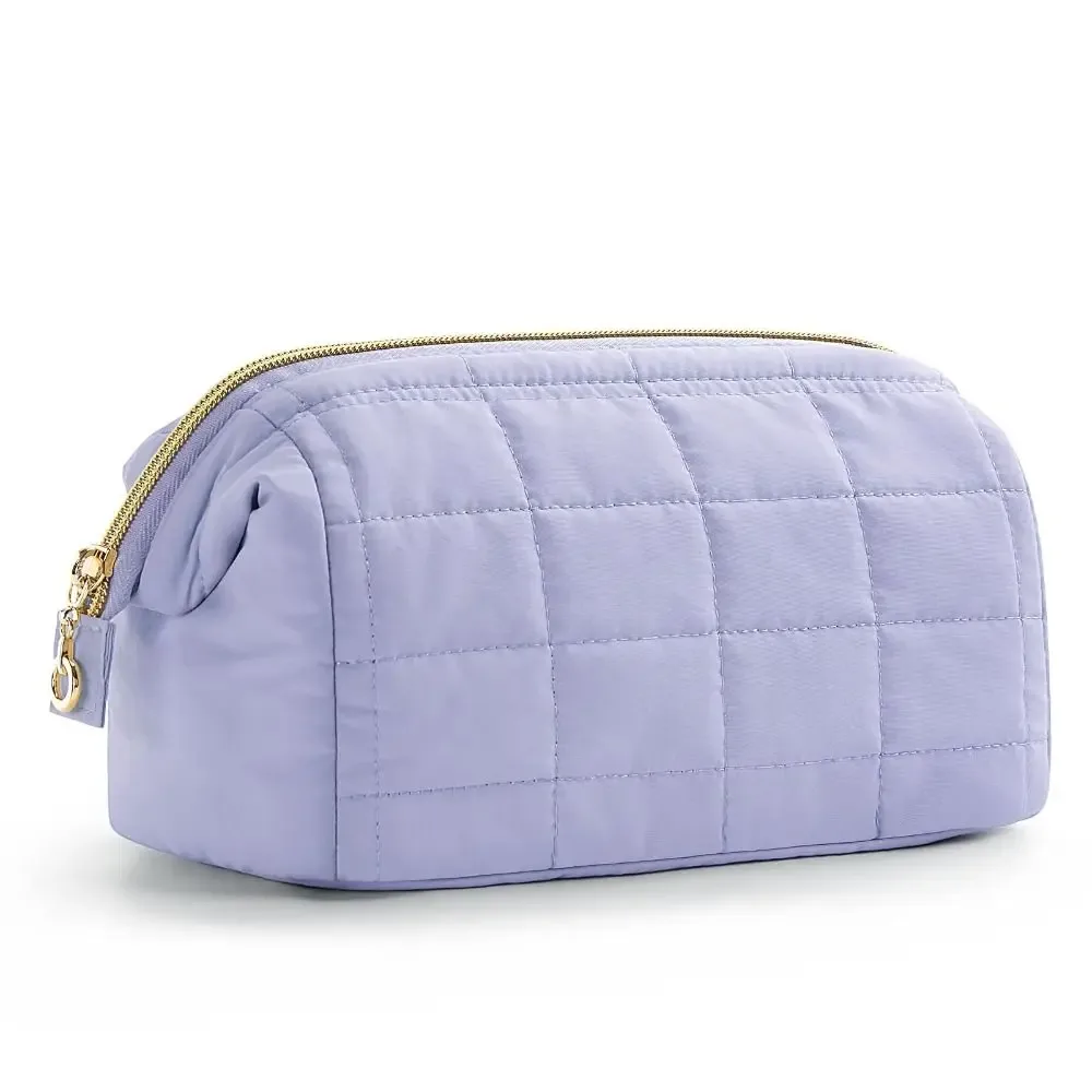 sac à cosmétiques de voyage rembourré bouffant, trousse de maquillage de grande capacité de couleur unie, trousse de maquillage à large ouverture pour femmes, trousse de toilette