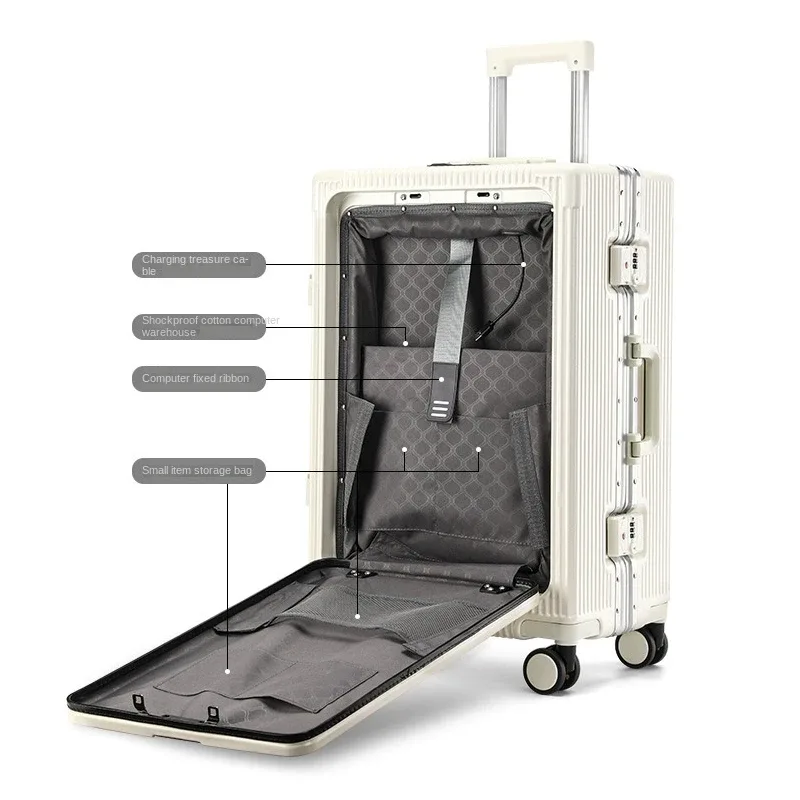 20/24 pouces le nouveau bagage multifonctionnel cadre en aluminium boîtier de chariot avec porte-gobelet usb grande capacité boîte d'embarquement valise