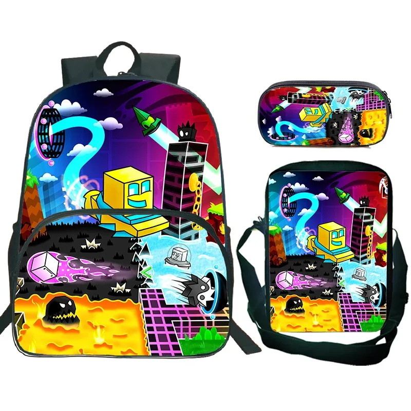 ensemble de 3 sacs à dos cartoon geometry dash pour garçons et filles, sac d'école de grande capacité, sac de voyage, sac à bandoulière pour enfants, sac à crayons