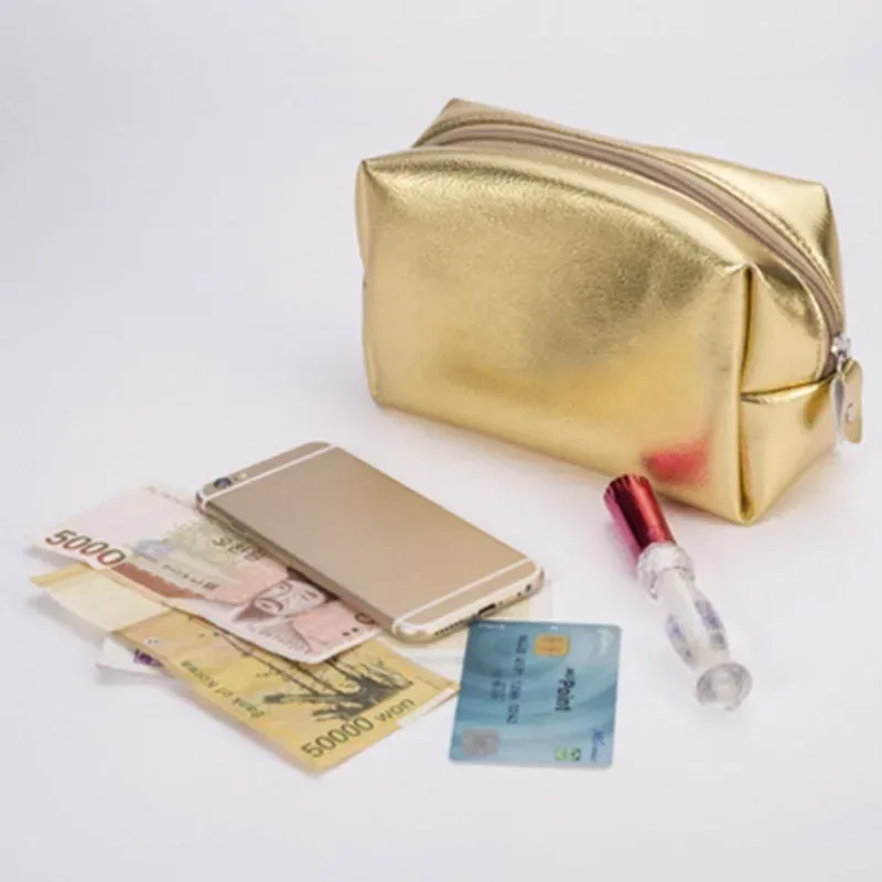 portefeuille doré à paillettes brillantes simples, sac à main cosmétique, trousse de maquillage, articles de toilette portables pour femmes, sac de rangement de soins de la peau, pochette de rangement