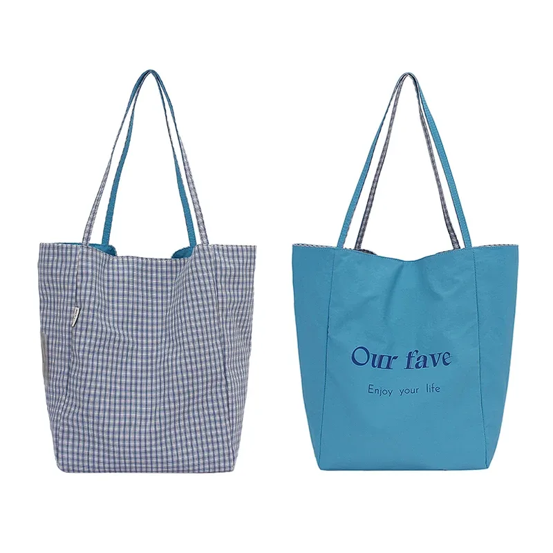 sac en toile à carreaux double face, multicolore, grande capacité, sac fourre-tout à bandoulière pour femmes, sac de shopping