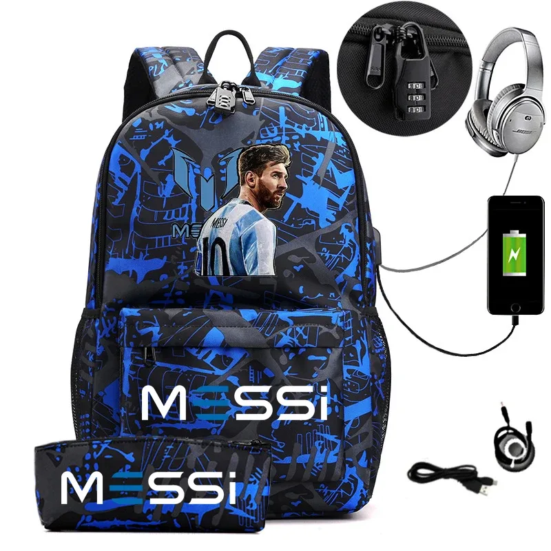 sac à dos usb cr7 pour femmes et hommes, sac à dos de voyage décontracté anti-vol, sacs d'école pour adolescents avec capacité pour ordinateur portable, avec trousse à crayons, 2 pièces