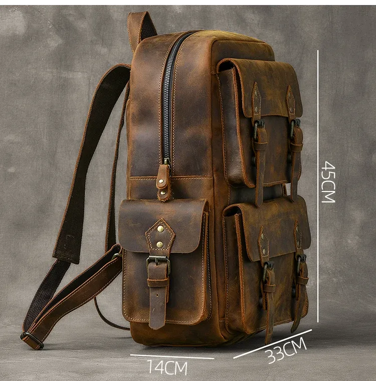 vintage crazy horse sac à dos en cuir véritable hommes sac à dos en peau de vache randonnée sac à dos 17 "sac pour ordinateur portable mâle voyage sac à dos grand m815