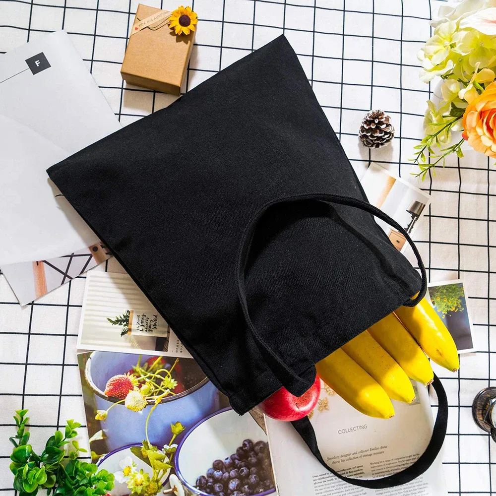 sac de shopping en toile noire pour femmes, fourre-tout décontracté réutilisable, sac à bandoulière à motif blanc imprimé, sac à main pliable de grande capacité