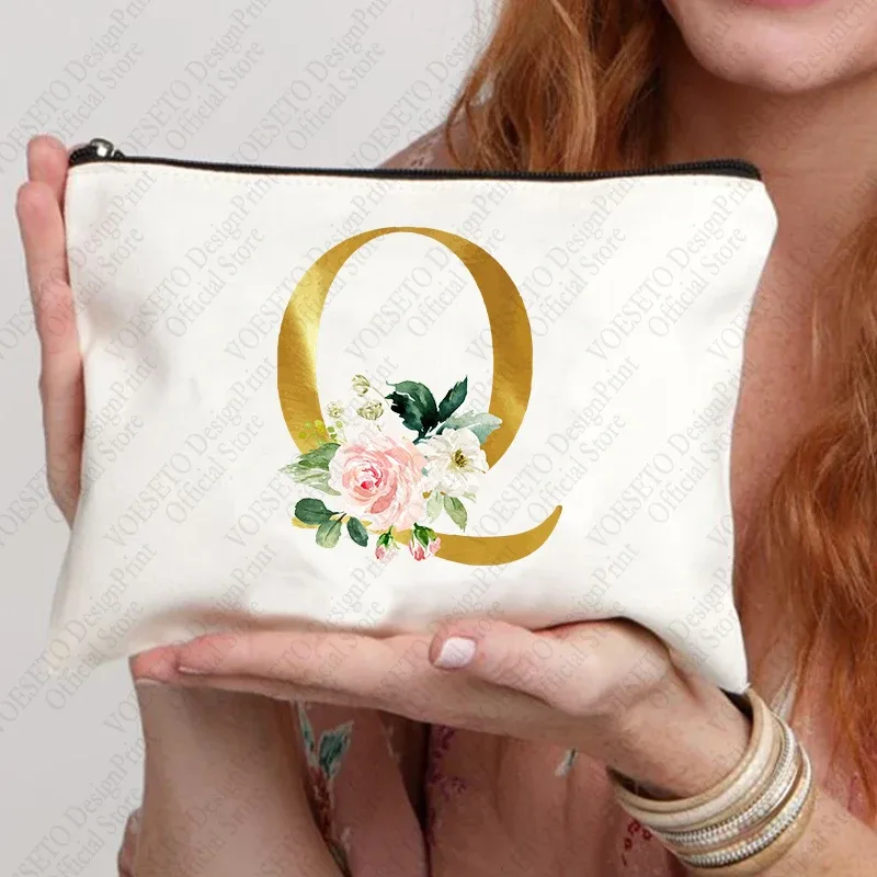 sac à fermeture éclair à motif initial pour femme, trousse de maquillage cosmétique, poudres de toile de bain de mariage, sacs de rouge à lèvres de voyage, cadeau de fête d'enterrement de vie de jeune fille
