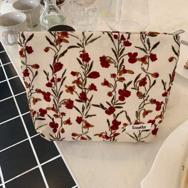 trousse à cosmétiques pour femmes, trousse de maquillage florale, organisateur, pochette à cosmétiques brodée coréenne, trousse de toilette de voyage, trousse de beauté en toile de velours côtelé