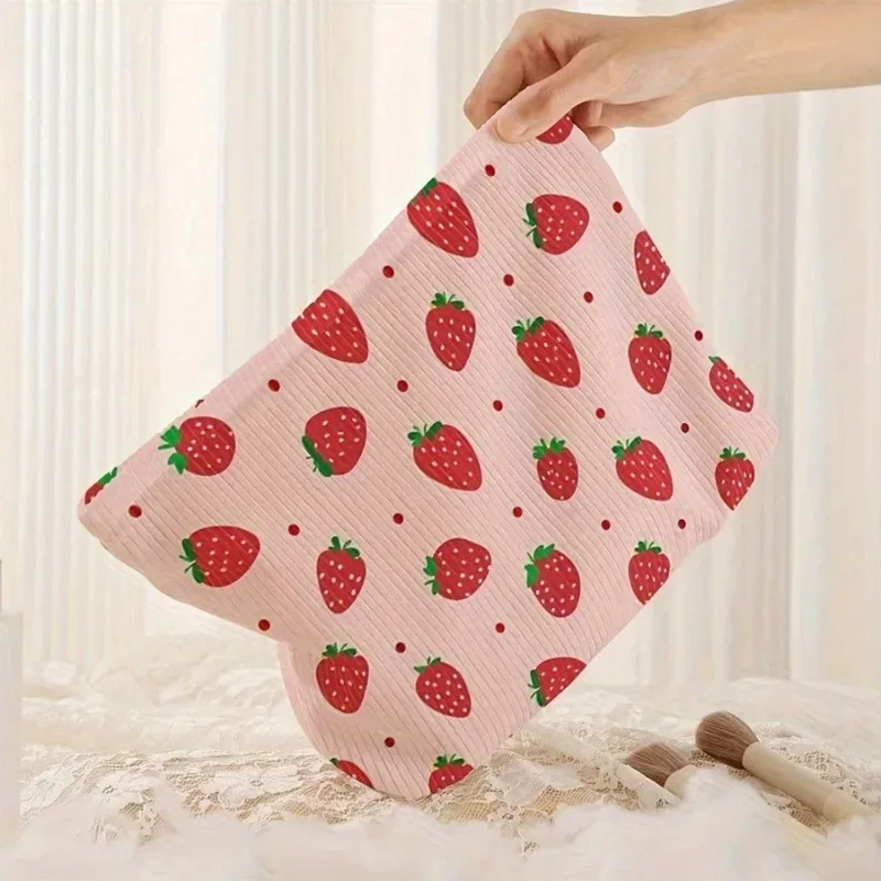 nouvelle trousse de maquillage rose fraise en velours côtelé robuste et durable, sac à main décontracté et mignon pour pinceaux et cosmétiques