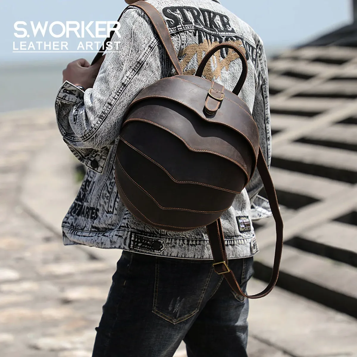 Sac à dos S.WORKER vintage élégant en cuir de vachette, design original, sac à bandoulière en cuir véritable, sac de style individuel Beetle