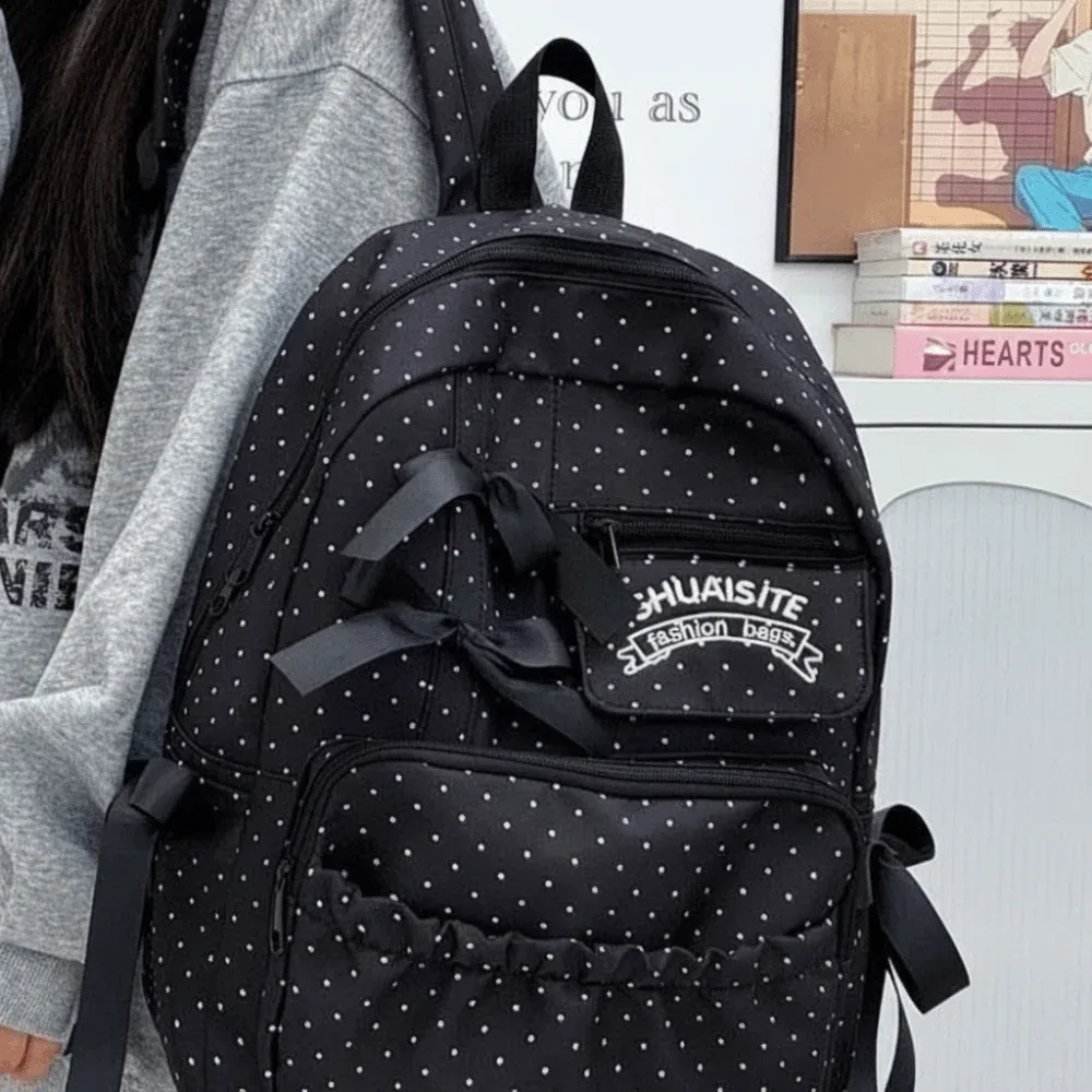 sac à dos en nylon à pois avec nœud, multi-compartiments, grande capacité, fermeture éclair, doublure en polyester, sac à dos de voyage