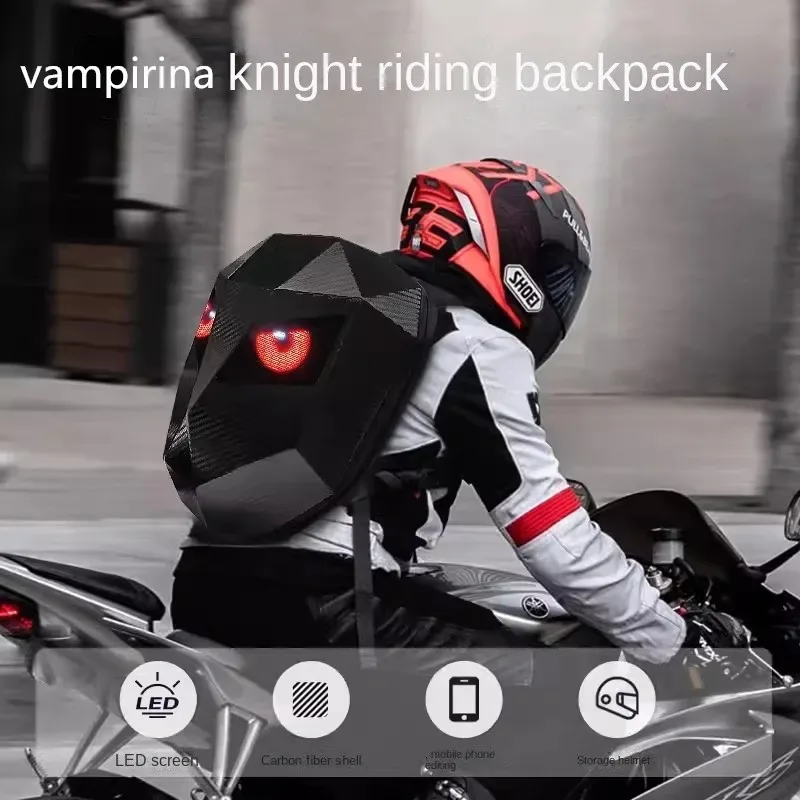 sac à dos de motard led avec yeux lumineux, texture en fibre de carbone, casque, sac à dos de locomotive, sac d'école, sac à dos pour ordinateur portable moto