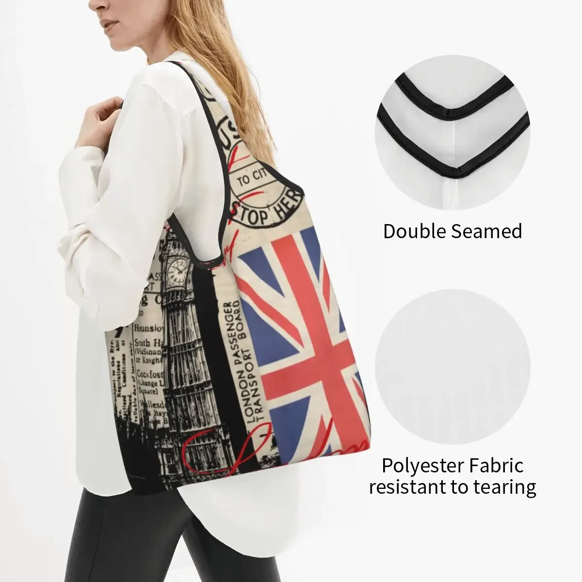 Sac d'épicerie rétro personnalisé Vintage London, fourre-tout amusant, sac à bandoulière de grande capacité, sac à main Portable drapeau britannique du royaume-uni