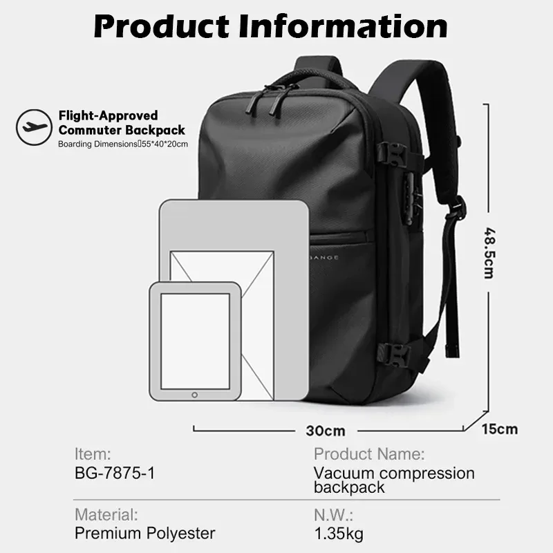bange – sacs à dos antivol à compression sous vide pour hommes, sac à dos de voyage avec serrure, grande capacité, 16 sacs pour ordinateur portable, sacs de cabine scolaire