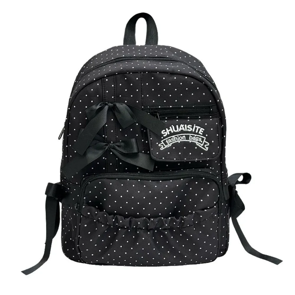 sac à dos en nylon à pois avec nœud, multi-compartiments, grande capacité, doublure en polyester, fermeture éclair, sac à dos de voyage