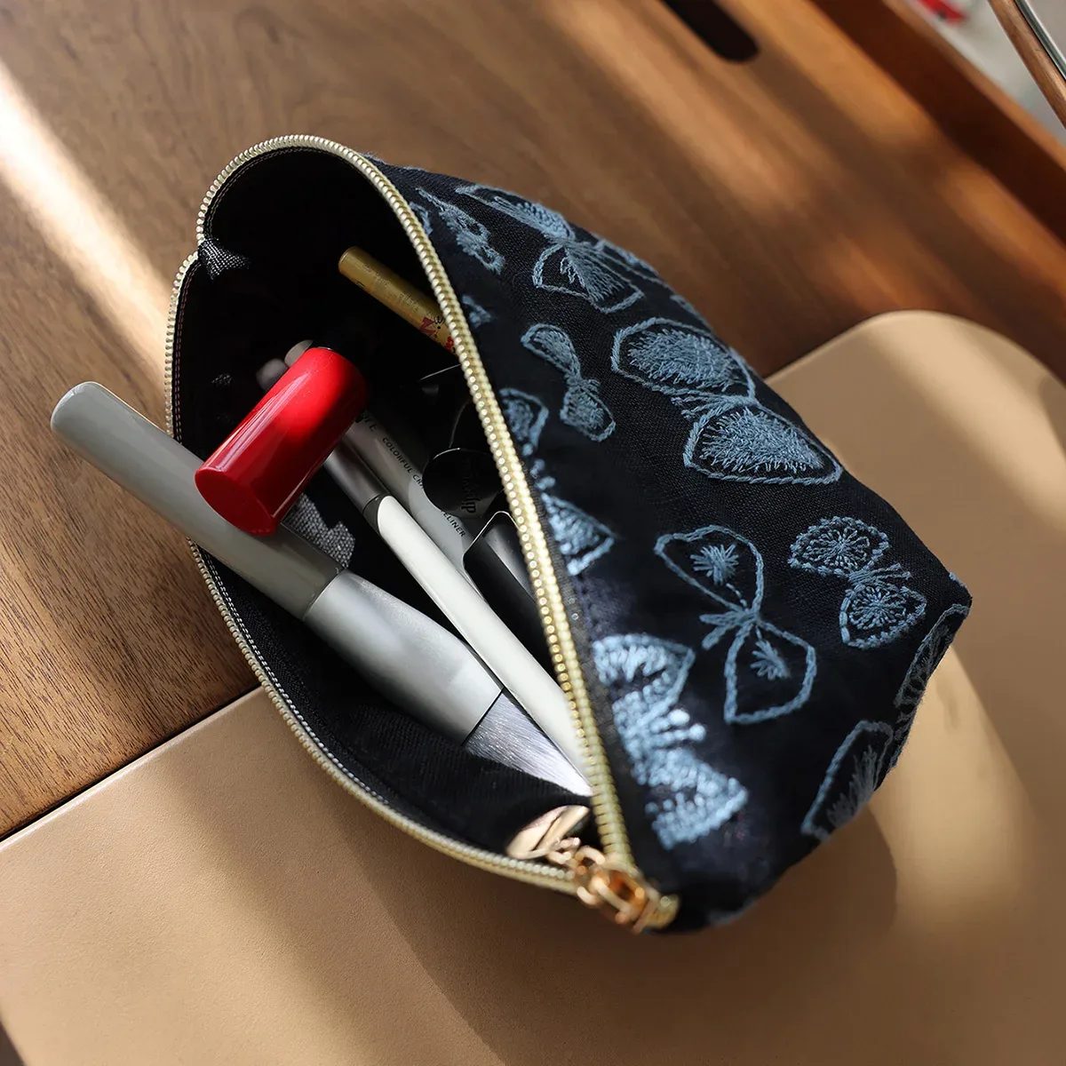 pochette cosmétique brodée papillon, sac de rangement fait main, sac à main portable pour femme en tissu original, petite taille, sac à maquillage