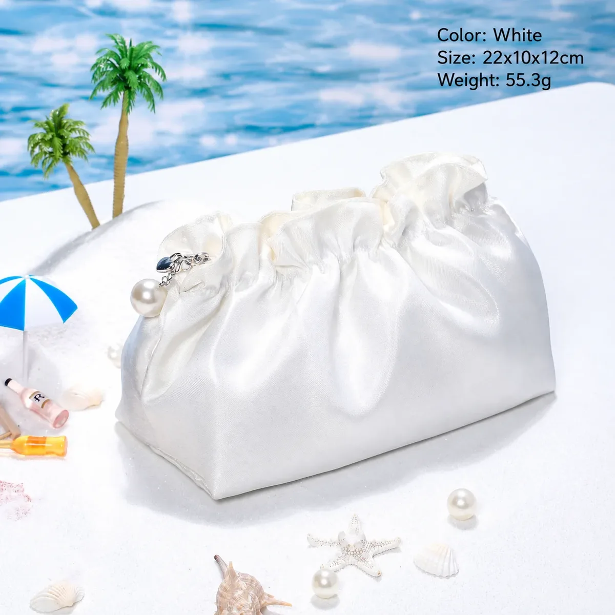 trousse de toilette de voyage pour femme grande capacité en soie satinée, pochette cosmétique plissée effet nuage, sac de maquillage portable, pochette de rangement pour soins de la peau