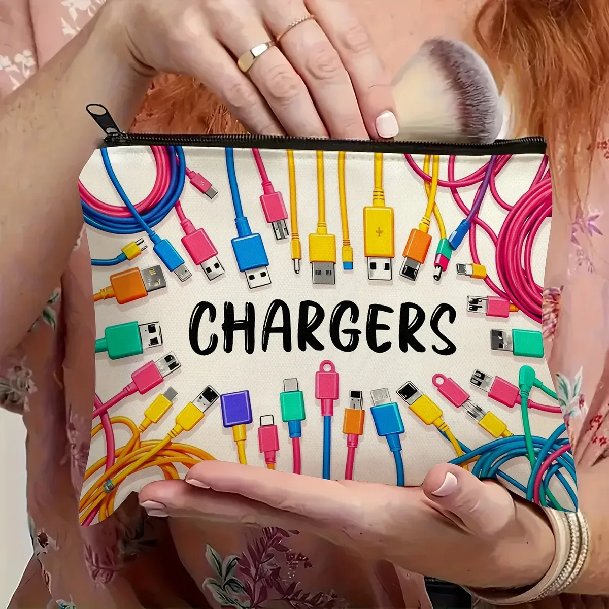Sac de rangement pour câbles et câbles colorés vibrants et USB, pochette durable à fermeture éclair, étui pour accessoires électroniques unisexe avec pochette imprimée "CHARGERS"