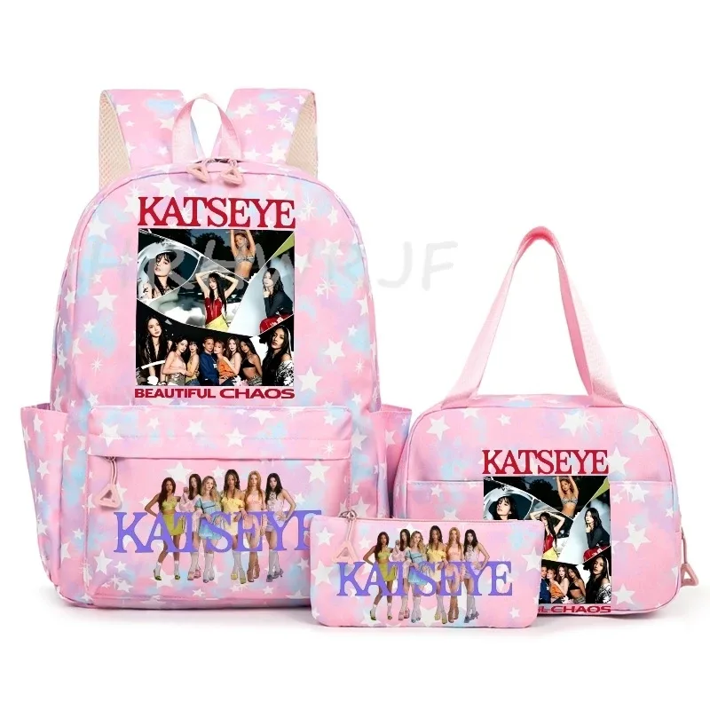 sac à dos katseye à thème musical, 3 pièces, imprimé étoiles roses, cartable amusant pour adolescents, étudiants, femmes, sac à dos pour ordinateur portable, sac de voyage mochila