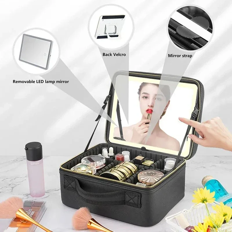 sac de maquillage led portable avec miroir, grande taille, trousse de toilette de voyage, organiseur de beauté multifonctionnel pour femmes