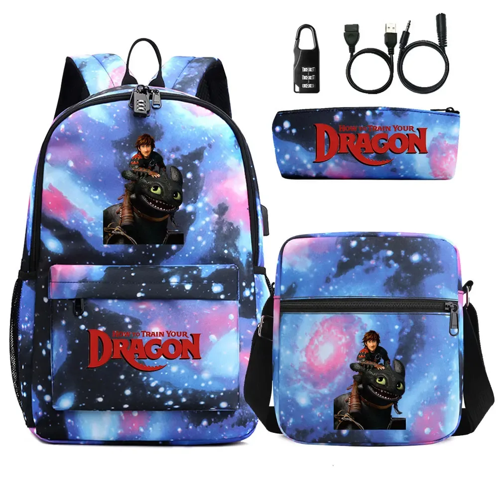 comment entraîner votre dragon 3 pièces usb antivol serrure garçon fille enfants retour à l'école livre sacs voyage sac à dos sac à bandoulière sacs à stylos