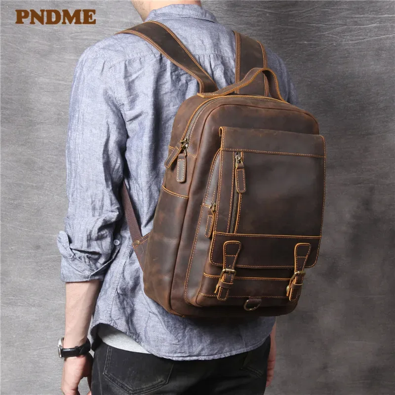 PNDcloser-Sacs à dos en cuir de vachette pour hommes, sac à dos de voyage pour ordinateur portable, sacs à livres en cuir véritable, rétro, simple, elin, cheval, antivol, haute qualité