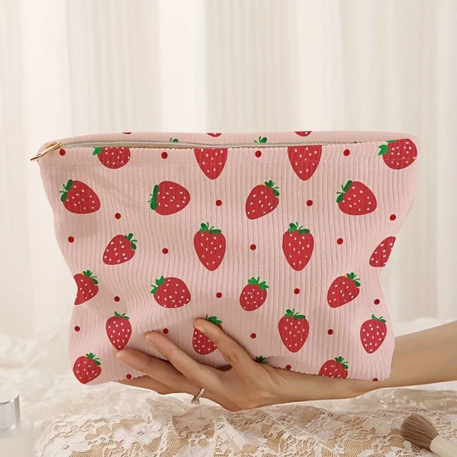 nouvelle trousse de maquillage rose fraise en velours côtelé robuste et durable, sac à main décontracté et mignon pour pinceaux et cosmétiques