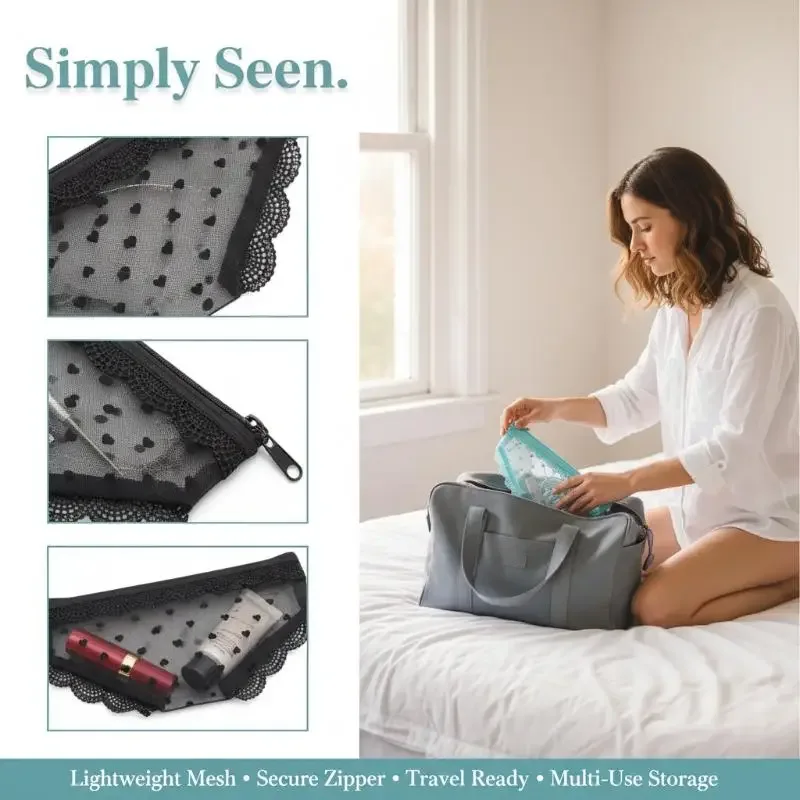 pochette cosmétique unique en dentelle et résille avec fermeture éclair élégante et portable pour un rangement pratique du maquillage et des articles personnels